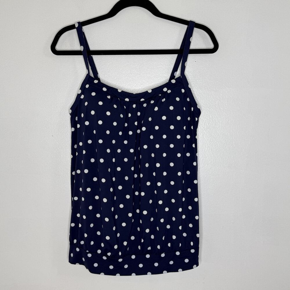 Lands End Tankini Swim Top Womens 8 Blue Polka Dot Lined Bra Adjustable Straps